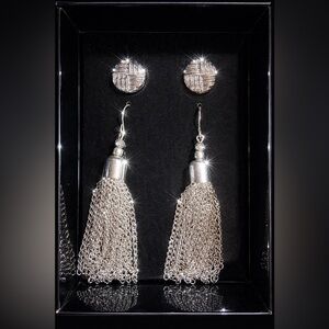 Silver Chain Tassel Drop Earrings | Textured Stud | Statement Dangle